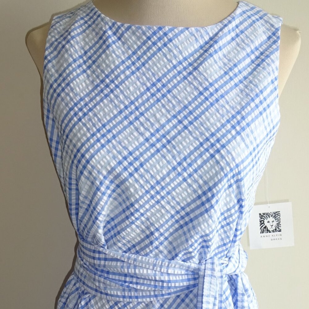 NWT Womens Anne Klein Blue White Seersucker Midi Dress 4 S M Sleeveless Pockets